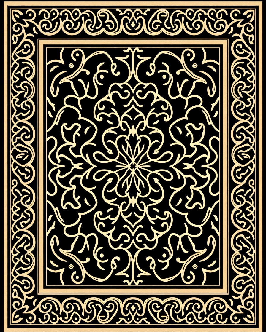Golden Floral Scrollwork Black Rug