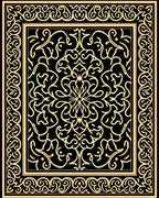 Golden Floral Scrollwork Black Rug