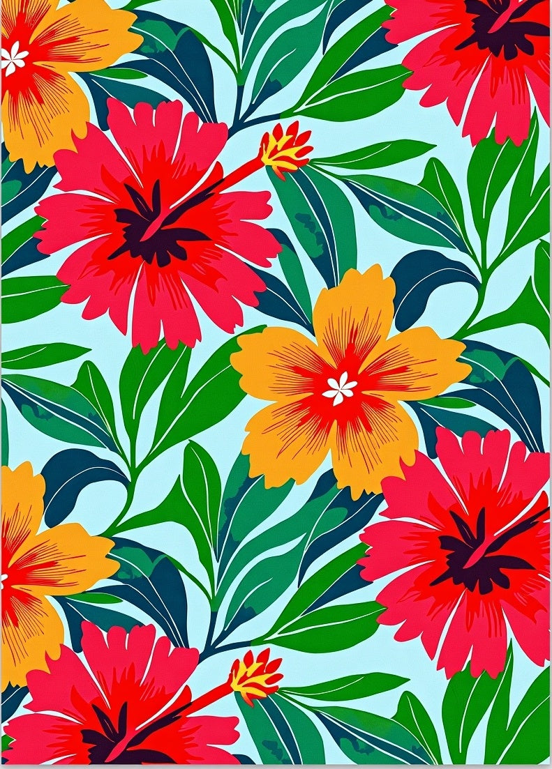Vibrant Tropical Hibiscus Flower Pattern Rug