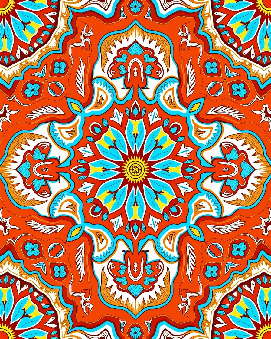 Vibrant Orange Blue Floral Mandala Design Rug