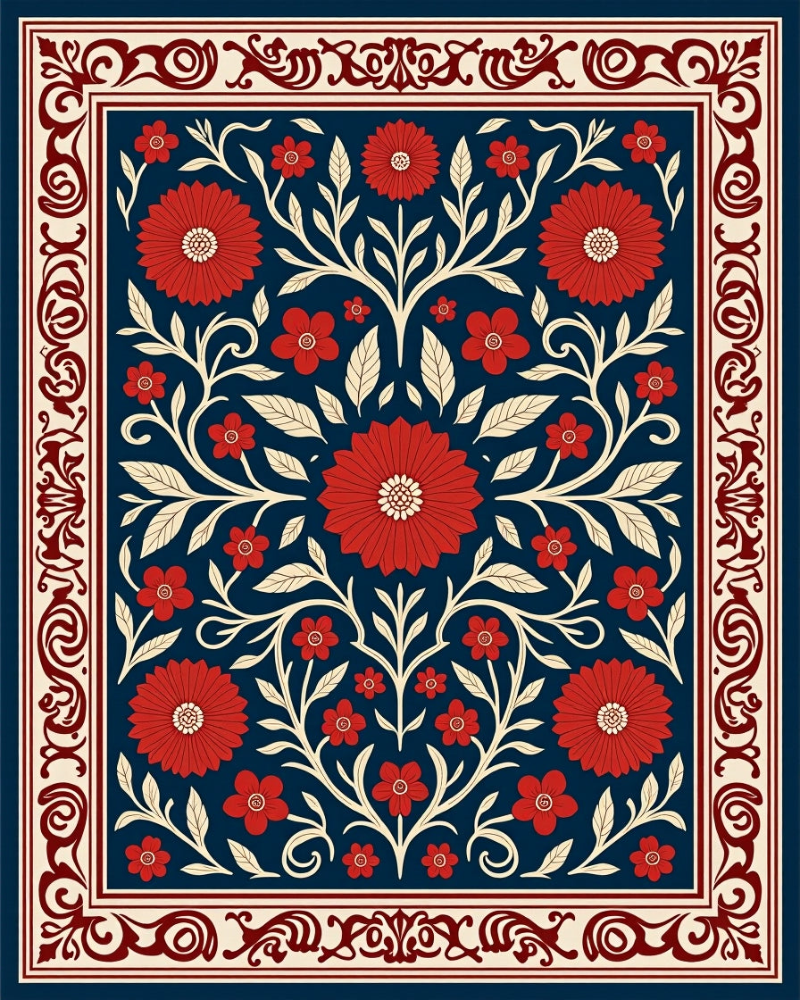 Ornate Red Floral Garden Design Rug
