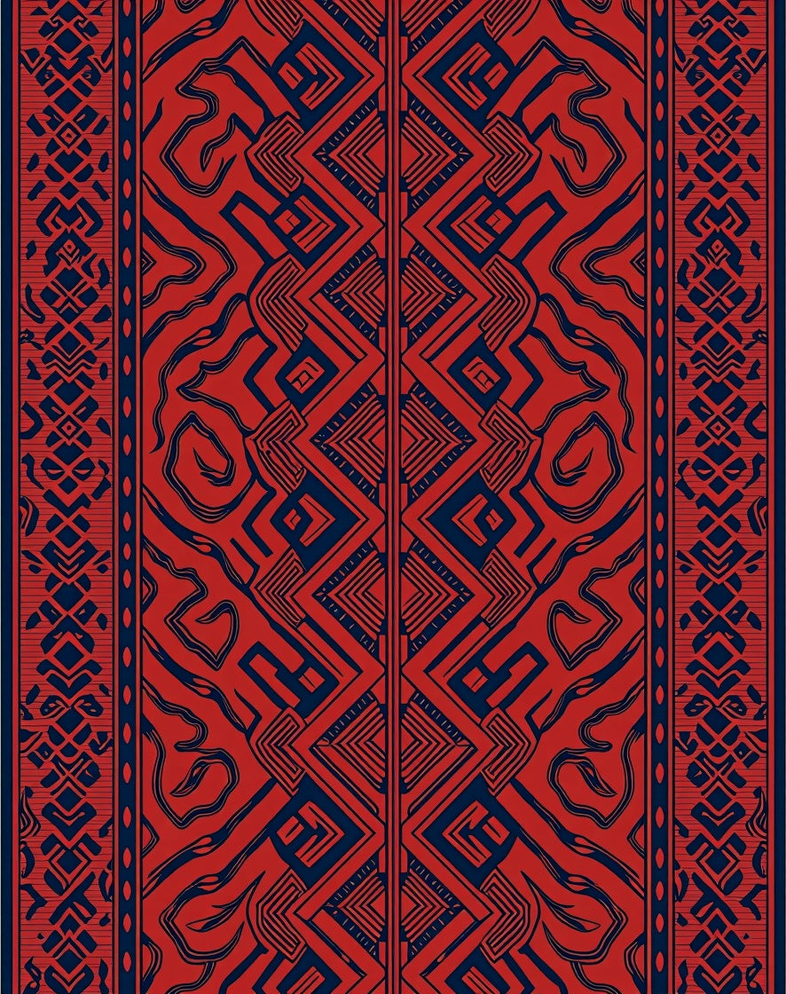 Bold Red and Blue Geometric Tribal Design Rug
