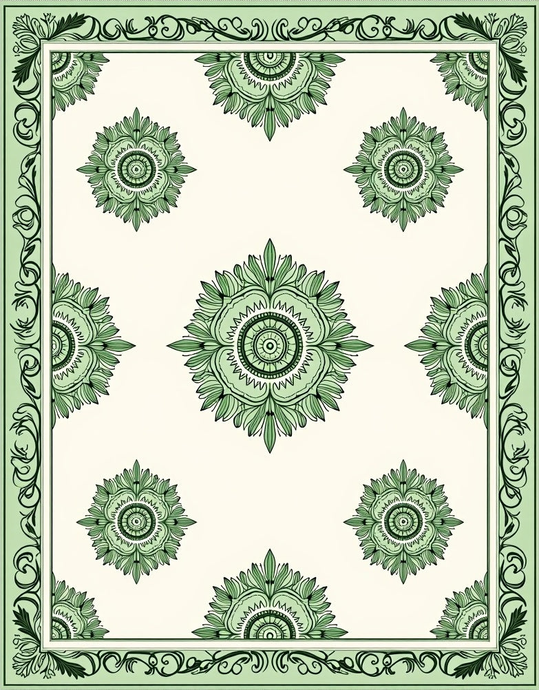 Mint Green Floral Medallion Border Rug