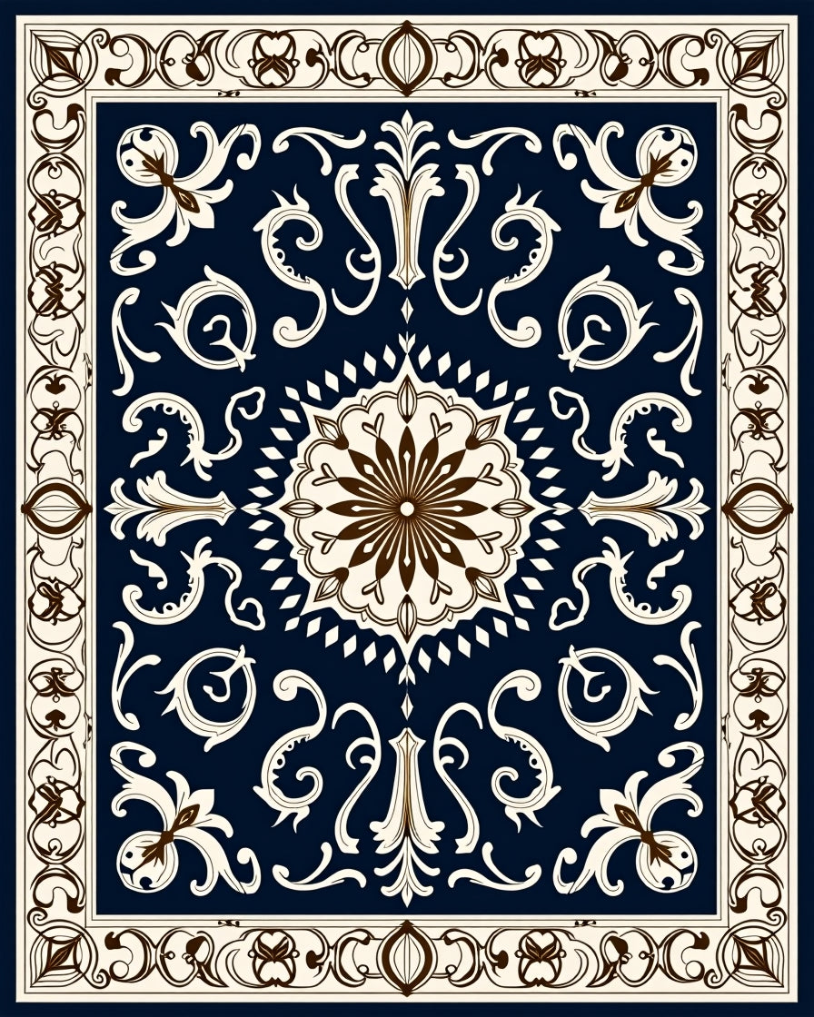 Ornate Floral Medallion Dark Blue Runner Rug