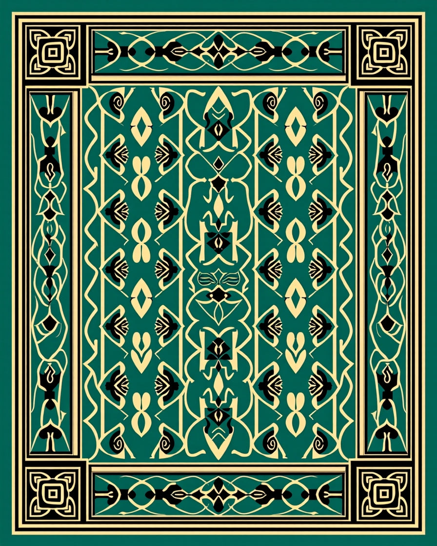 Teal Black Cream Ornamental Arabesque Rug