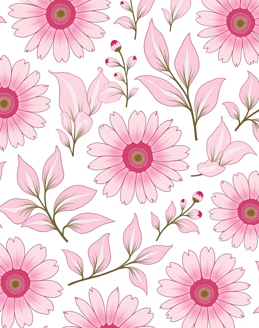 Pink Flowers Delicate Leaves Pattern Rug