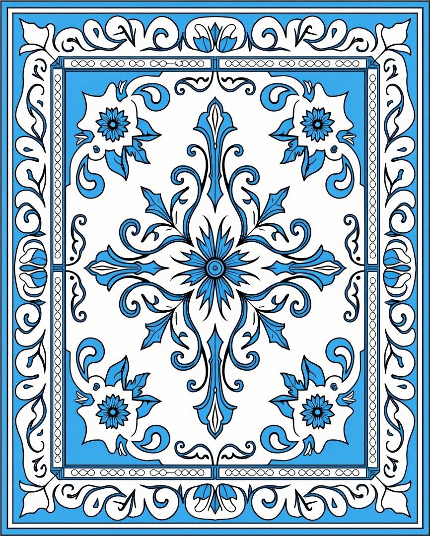 Classic Blue Floral Scroll Pattern Rug