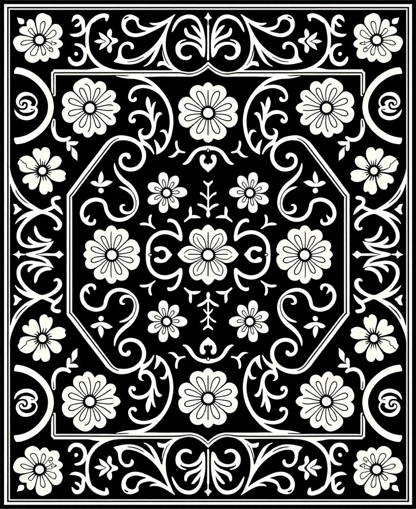 Classic Black White Floral Medallion Rug