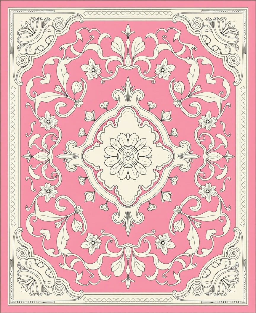 Floral Scrollwork Pink Ivory Tapestry Design Rug