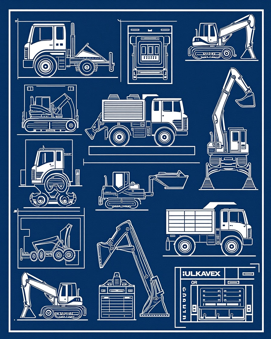 Construction Equipment Blueprint Art Rug