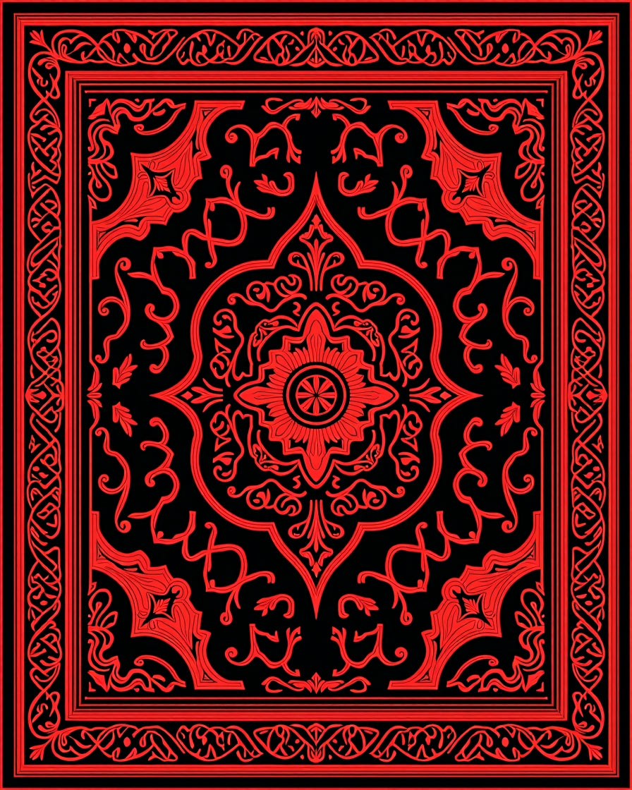 Ornate Red Black Floral Motif Rug