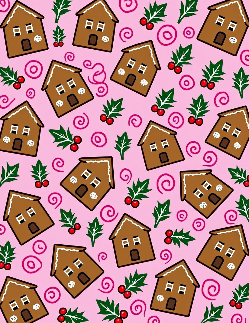 Pink Gingerbread Houses Holly Berries Swirls Rug