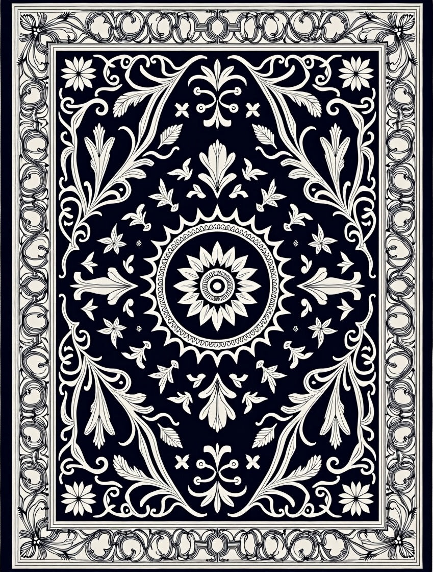 Classic Black White Floral Pattern Rug