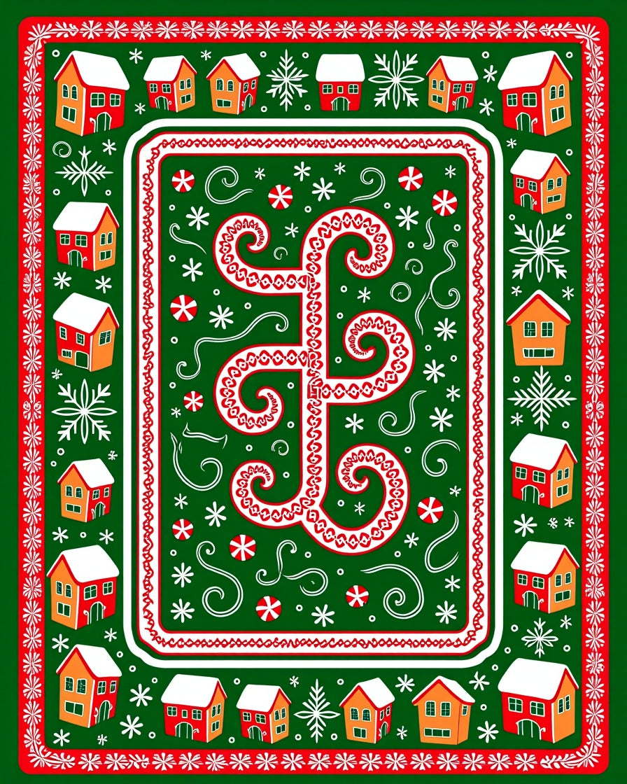 Winter Village Red White Green Holiday Rug