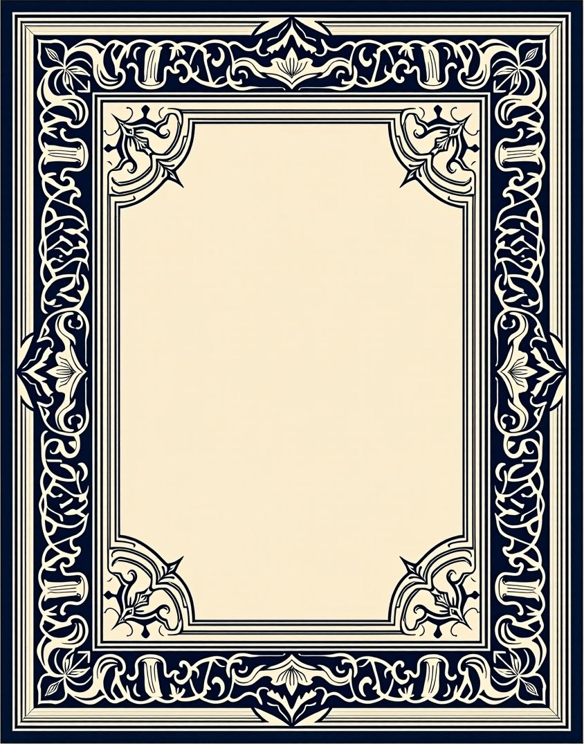 Ornate Navy Floral Border Design Rug