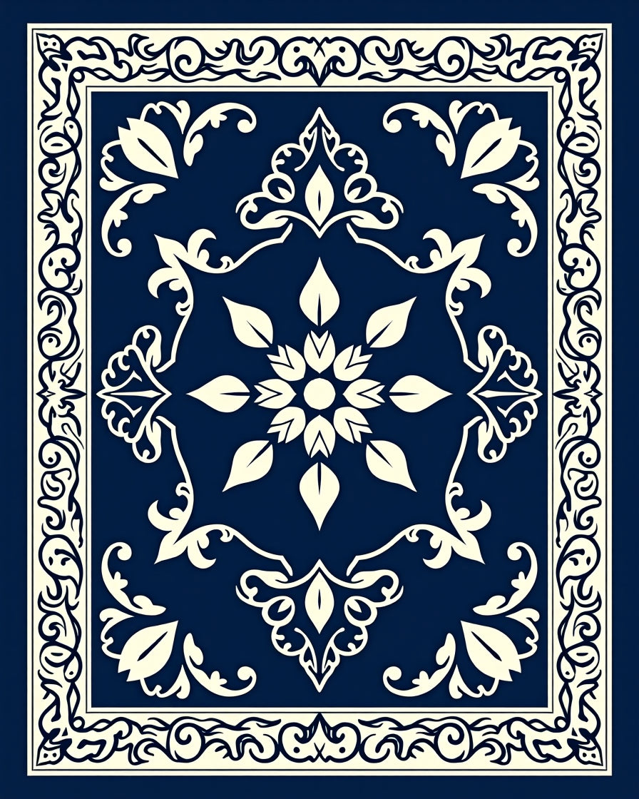 Intricate Floral Cream Navy Pattern Rug