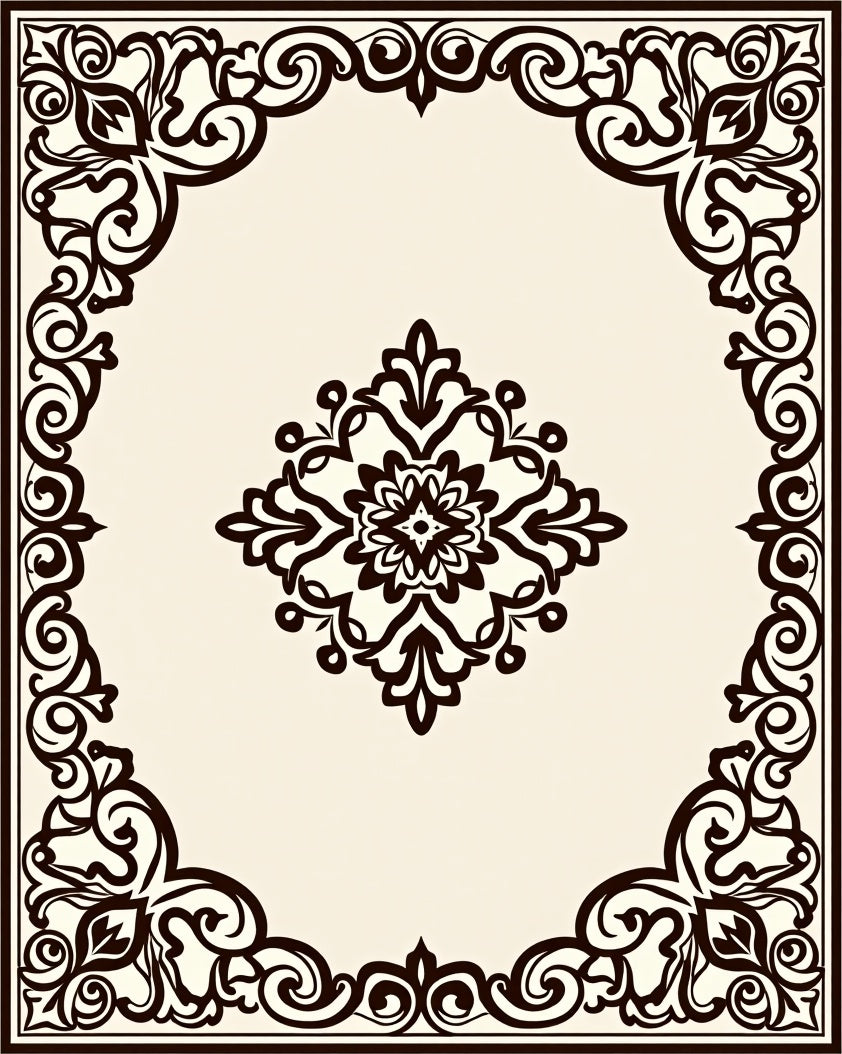 Ornate Black Floral Scroll Border Rug