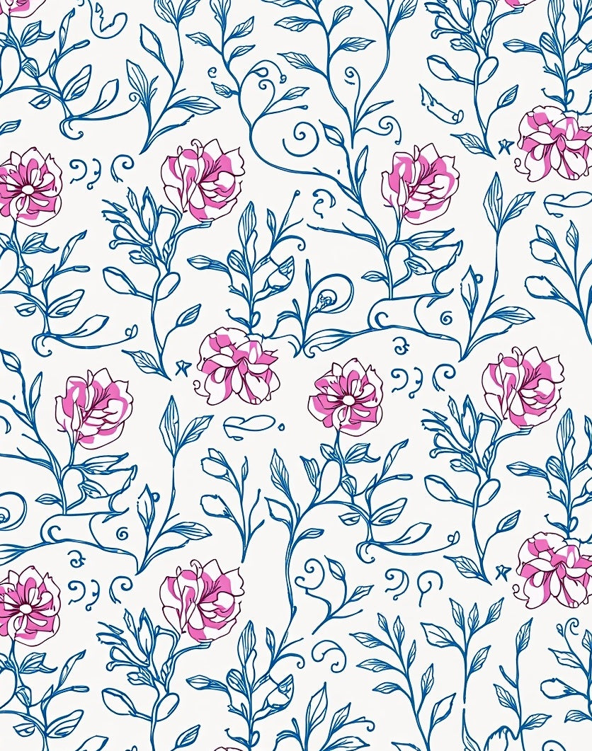 Floral Sketch Blue Pink Pattern Design Rug