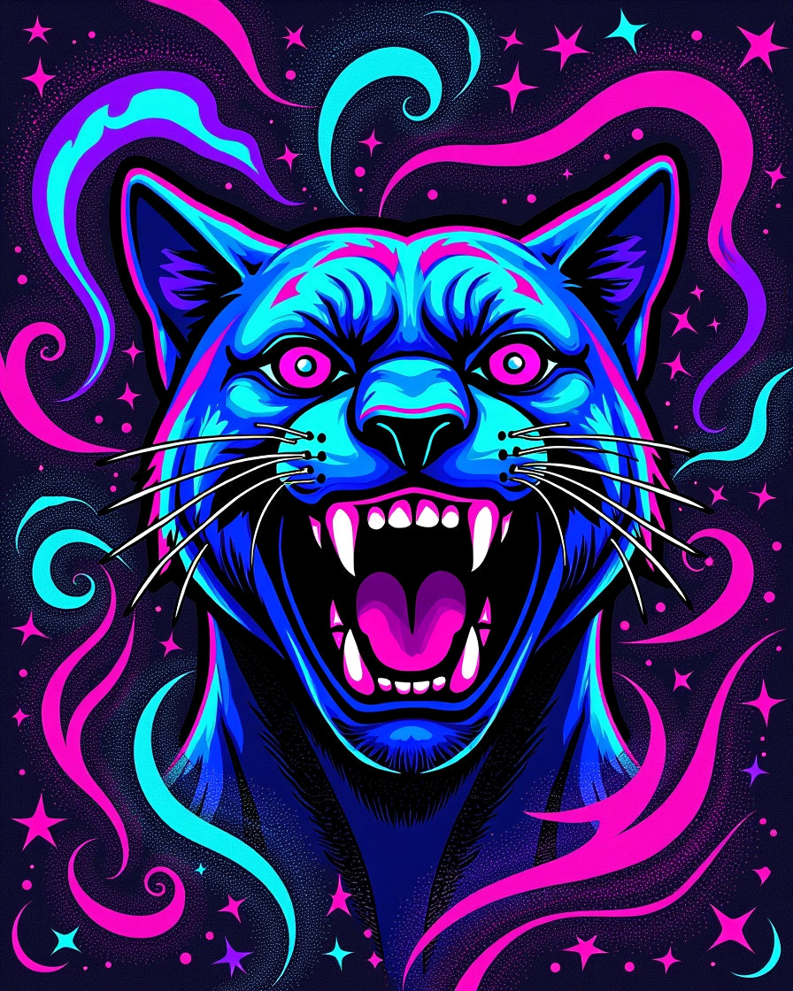Vibrant Neon Panther Cosmic Swirl Design Rug