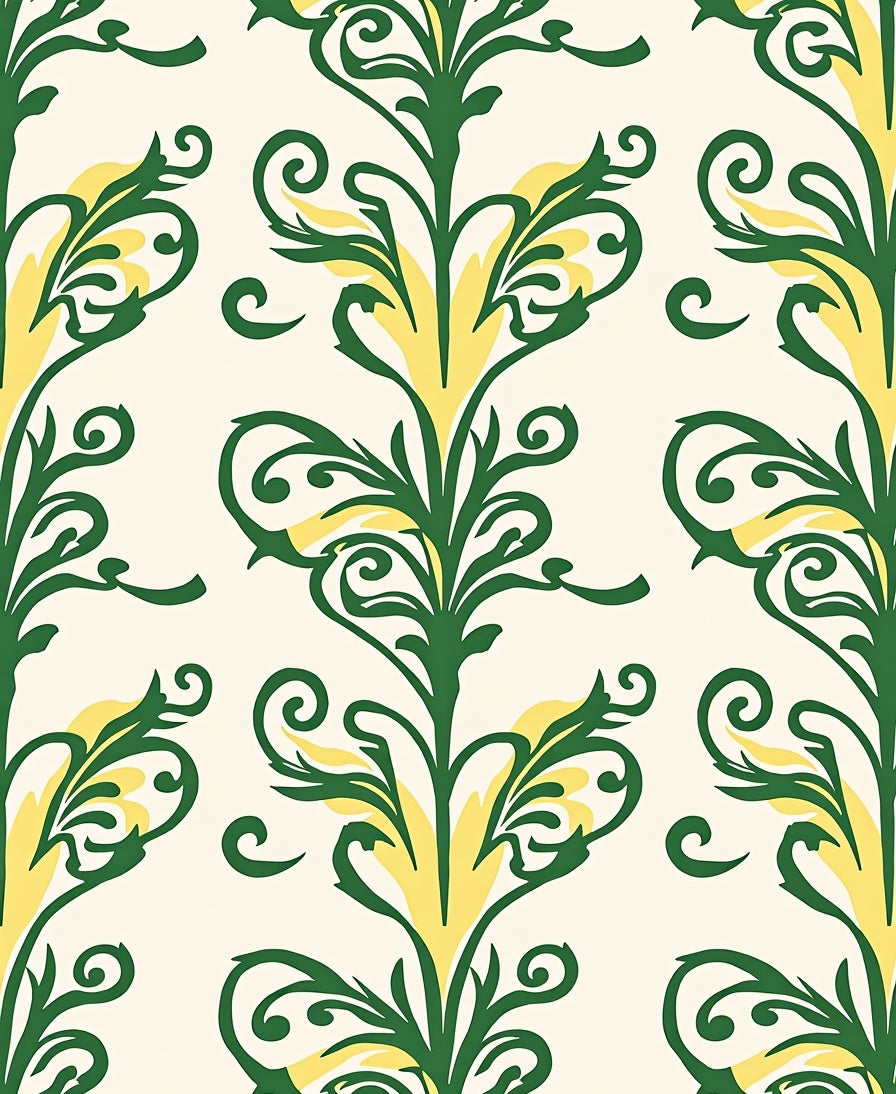 Green Yellow Scrollwork Floral Accents Rug