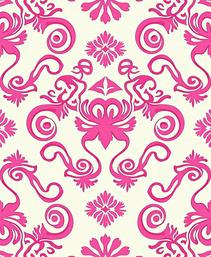 Bright Pink Floral Scroll Pattern Rug