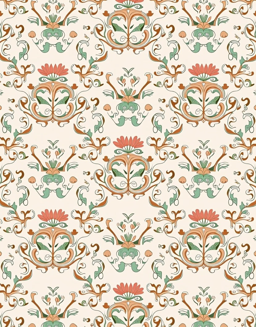 Floral Swirl Pattern With Green Orange Rug