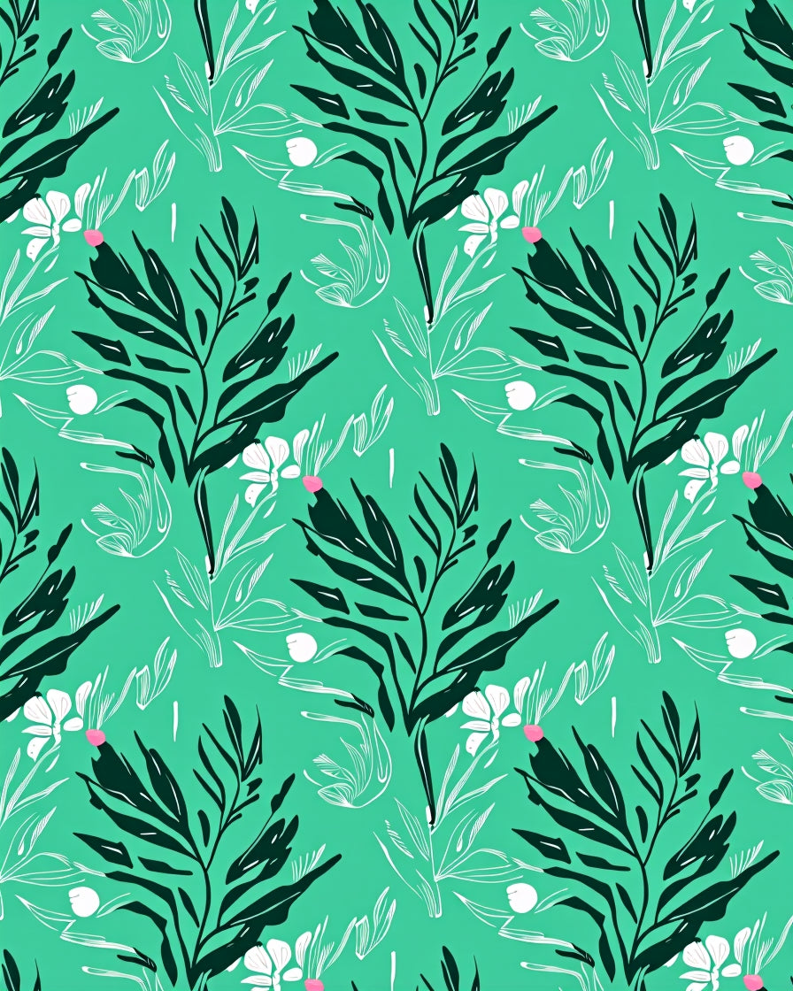Bold Green Leaf With White Floral Pattern Rug