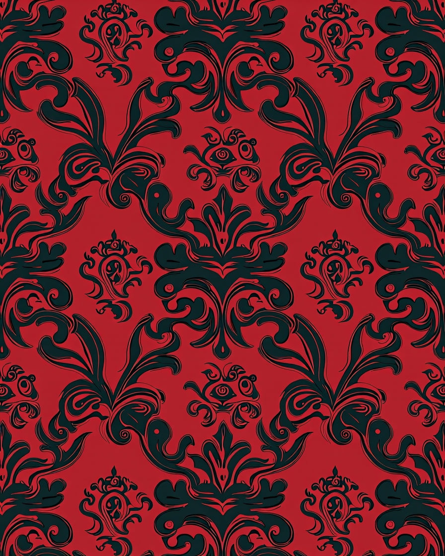 Red Black Baroque Damask Rug
