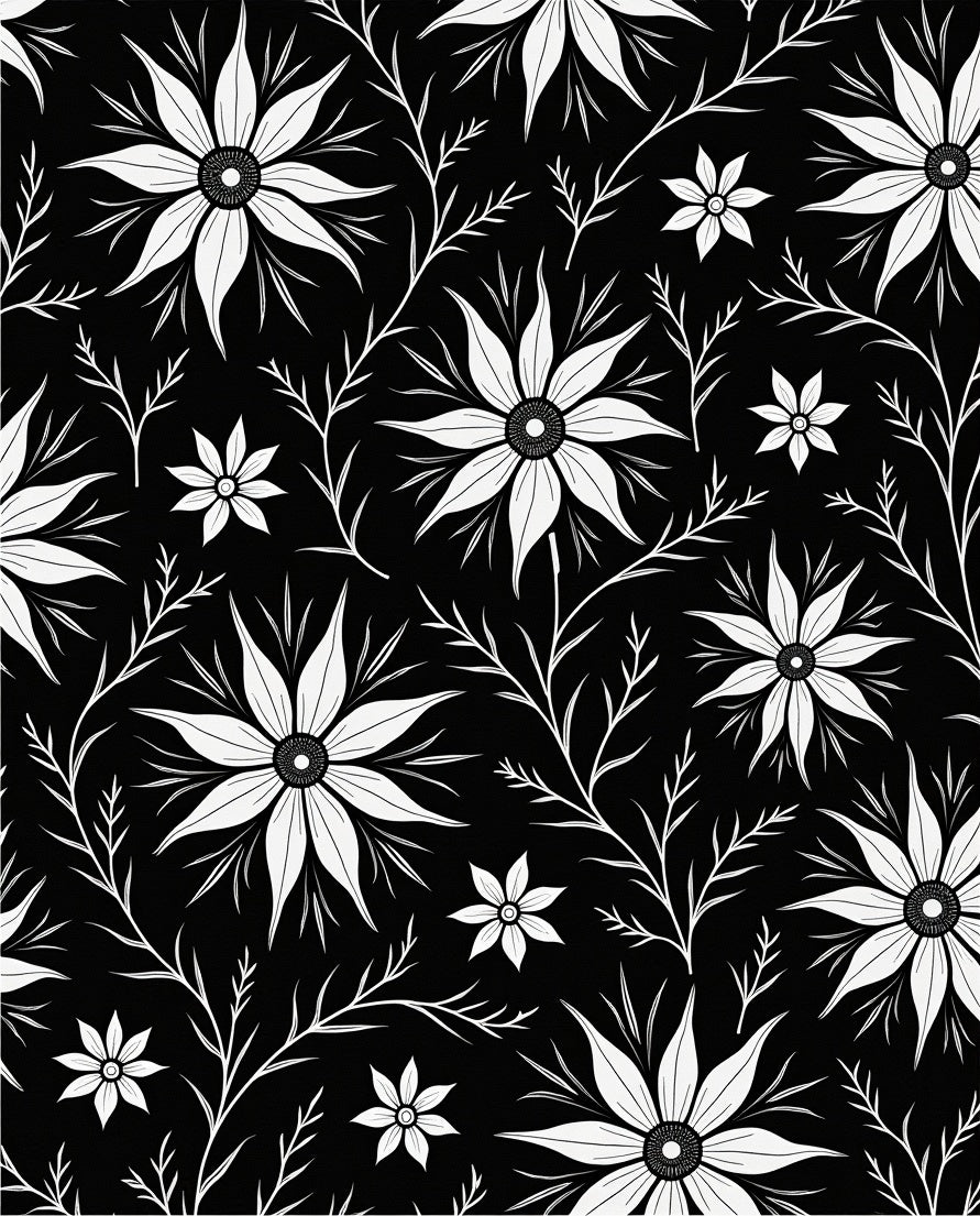 Black White Floral Botanical Art Rug