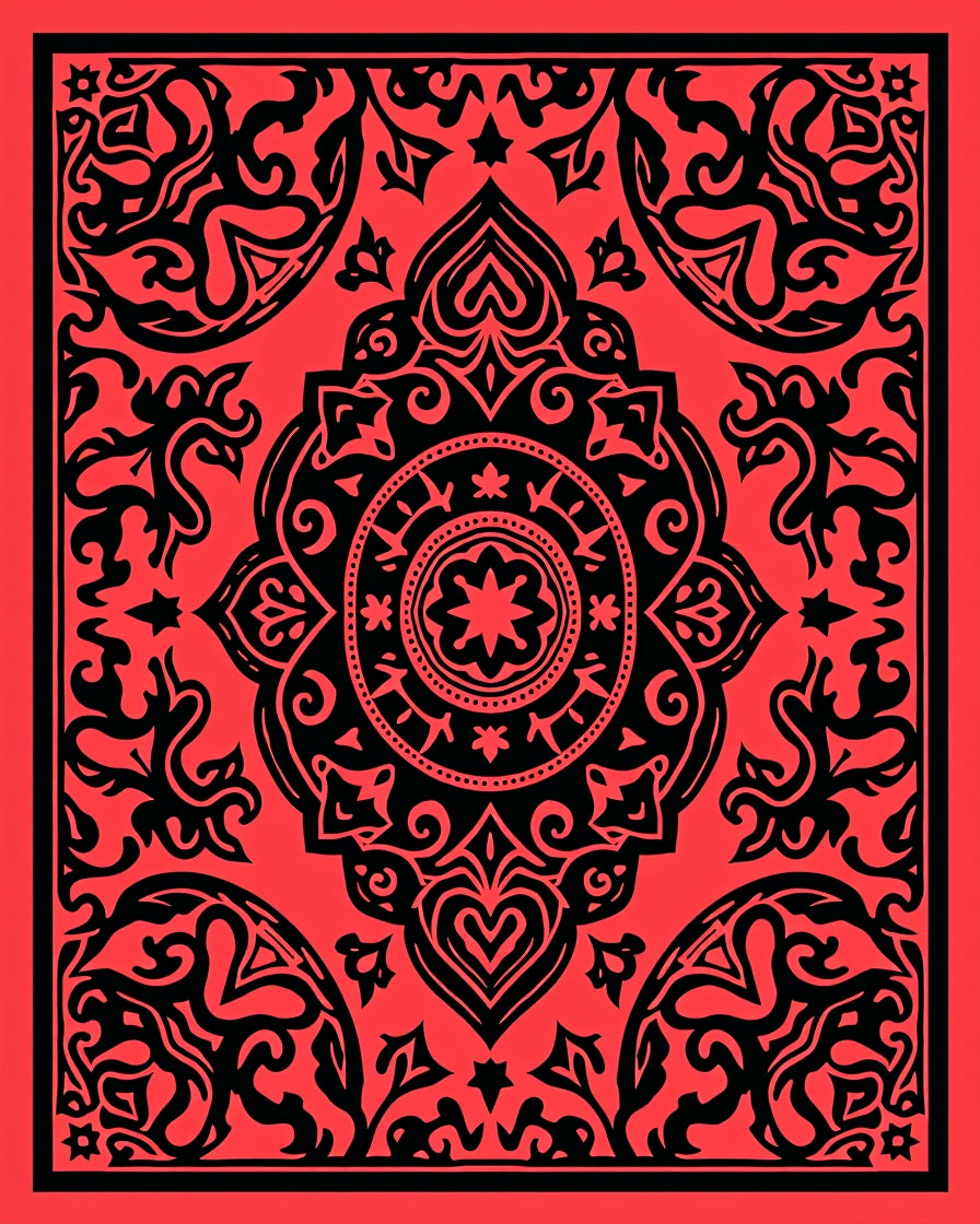 Ornate Black Red Mandala Pattern Rug