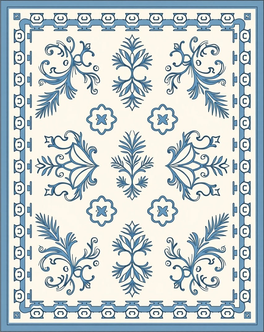 Classic Blue Floral Scrolled Design Rug