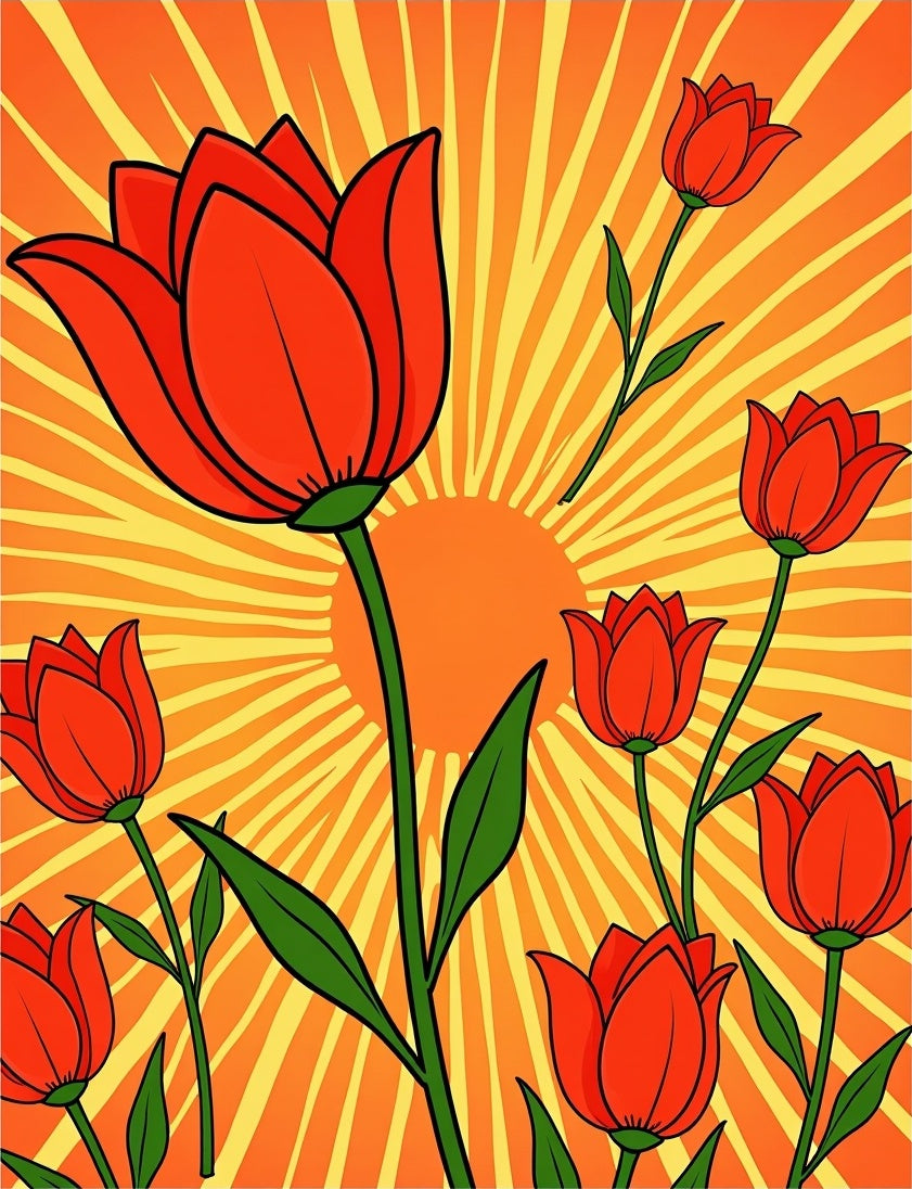 Red Tulip Floral Rays Rug