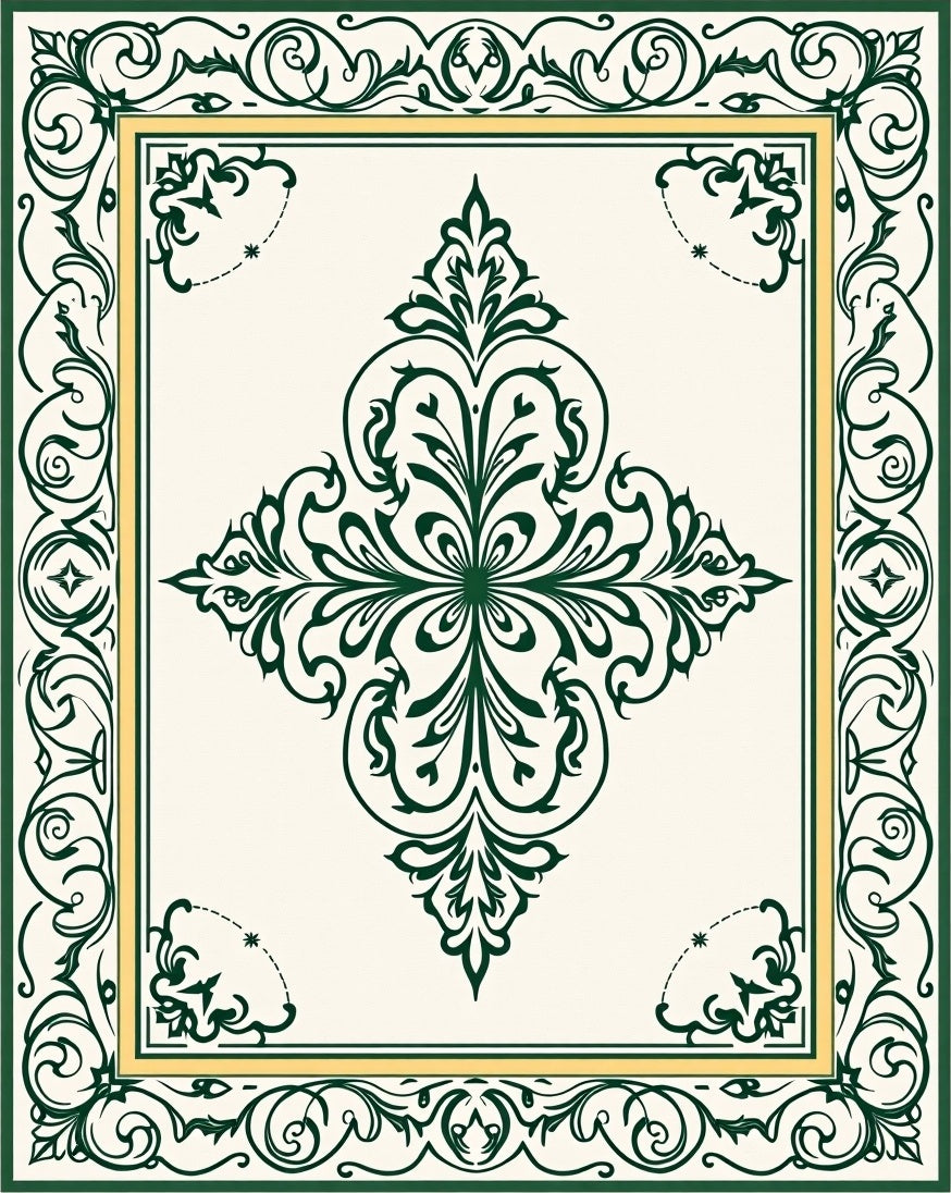 Ornate Green Ivory Center Medallion Design Rug