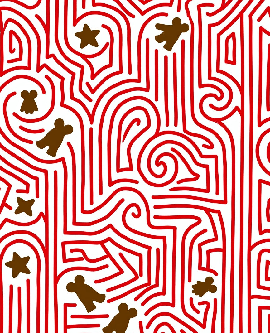 Red Maze With Brown Gingerbread Figures Rug
