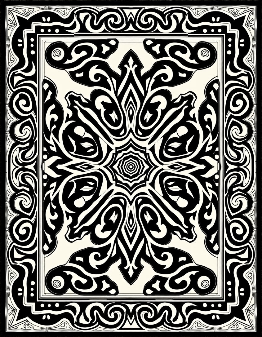 Intricate Black White Symmetrical Pattern Rug