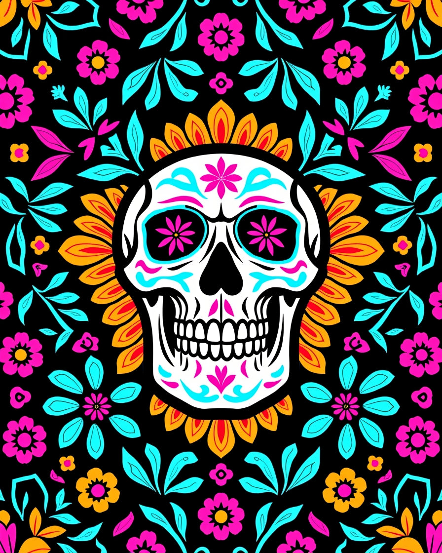 Vibrant Skull Floral Medallion Art Rug