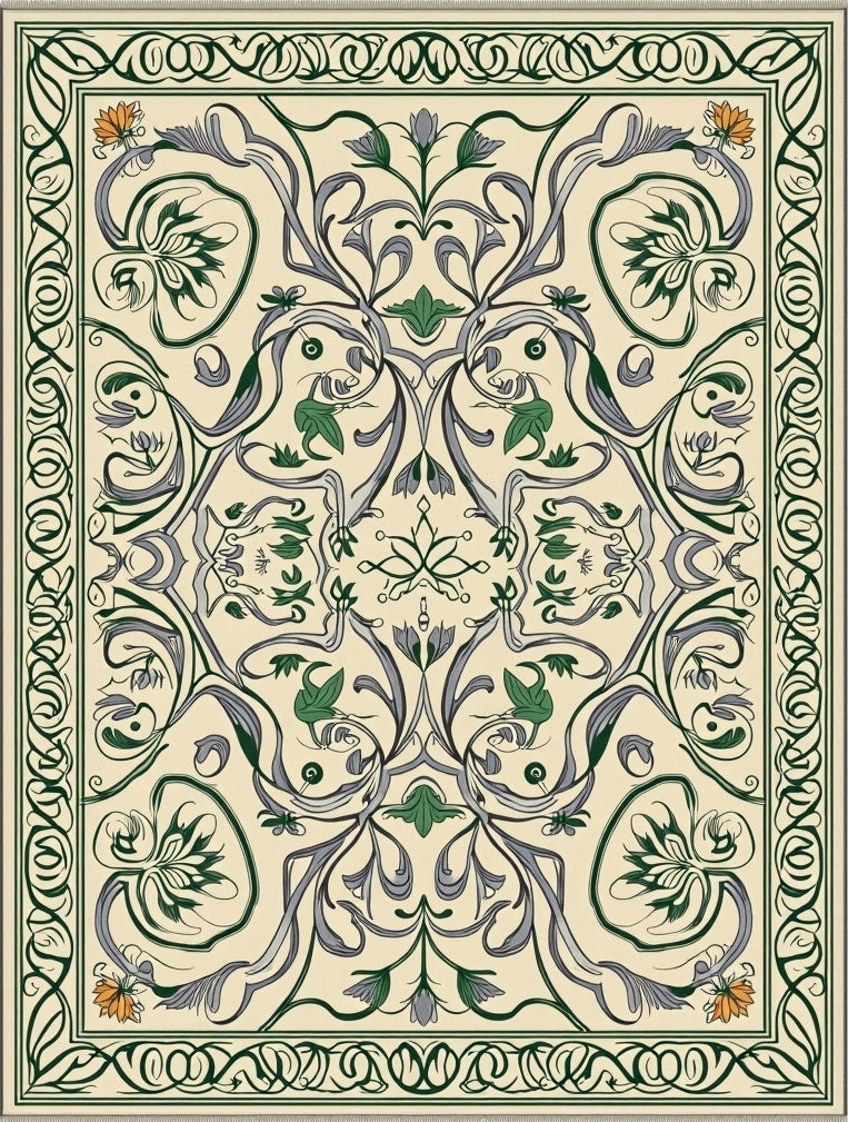 Cream Olive Green Floral Swirl Rug