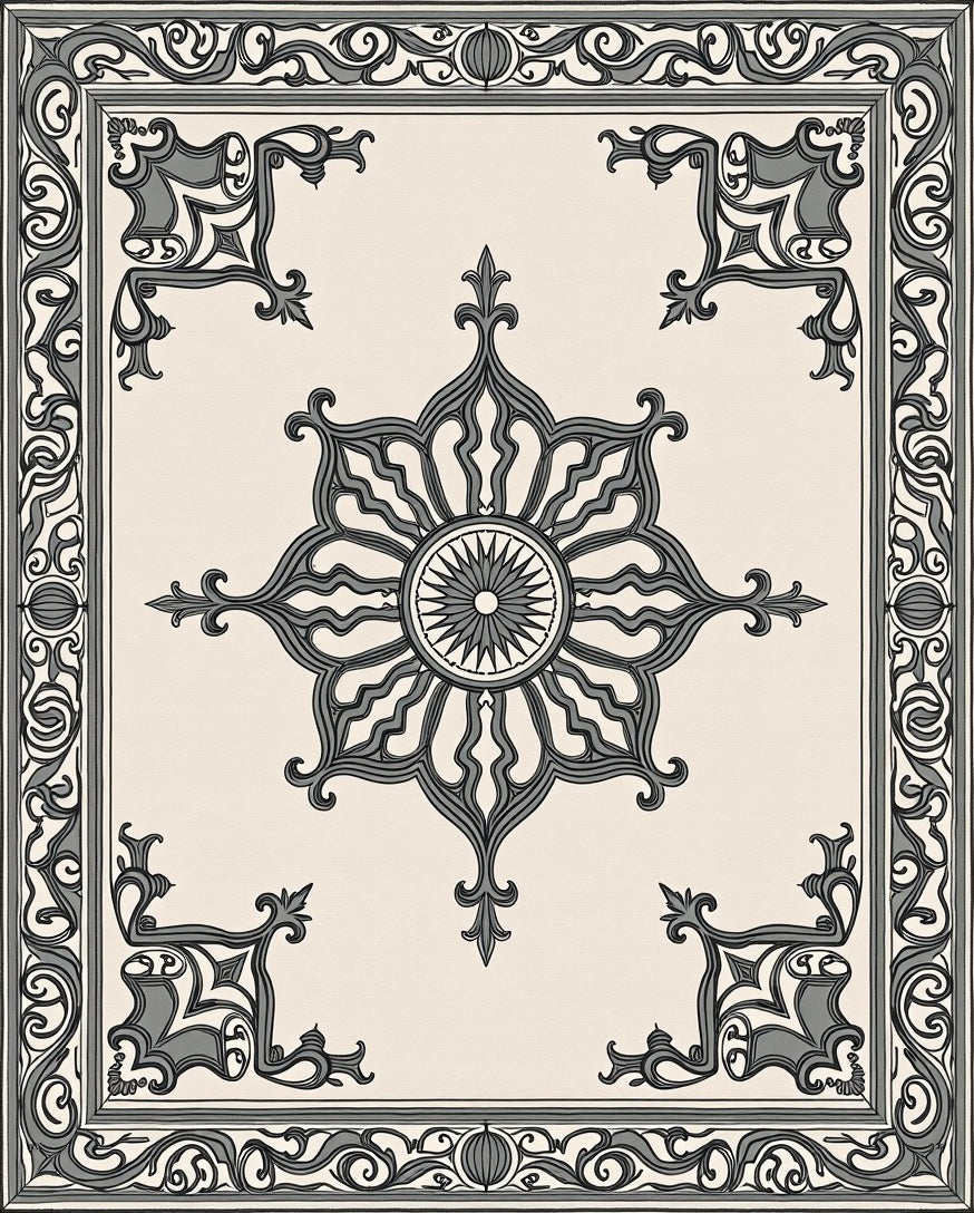 Grey Cream Ornamental Medallion Rug
