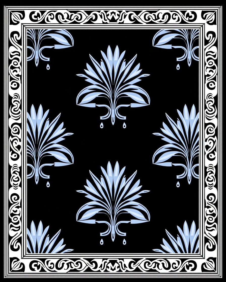 Art Deco Floral Patterned Black Rug