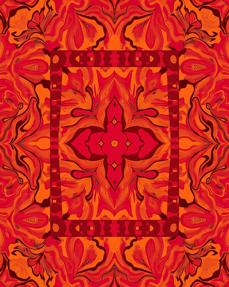 Vibrant Orange Red Floral Mandala Rug