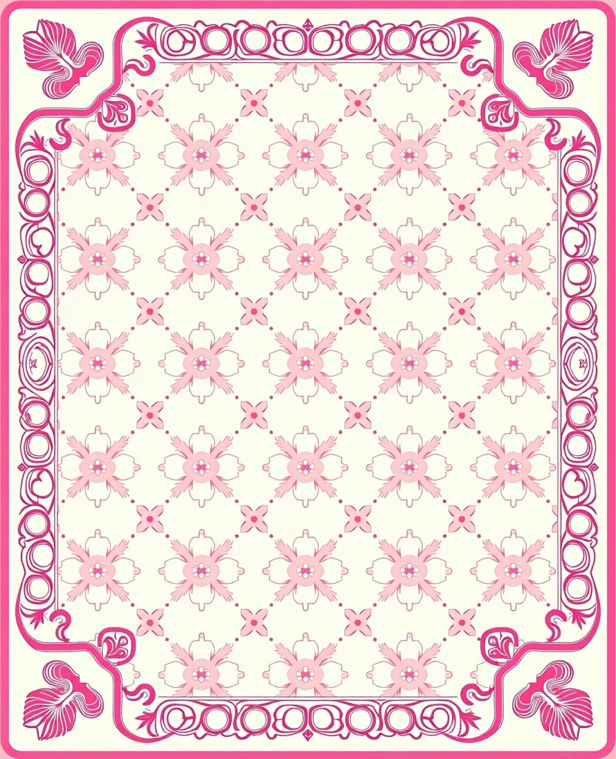 Delicate Pink Floral Lattice Border Design Rug