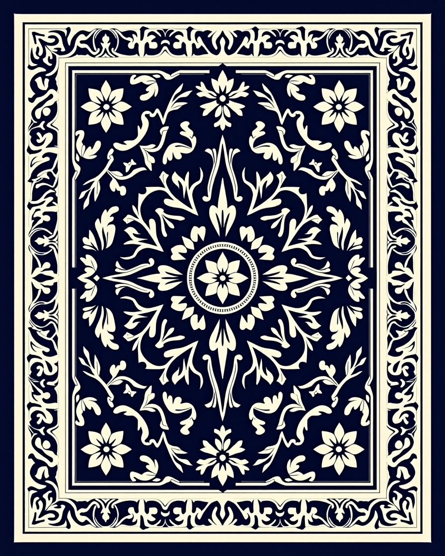 Ornate Floral Symmetry Navy Rug
