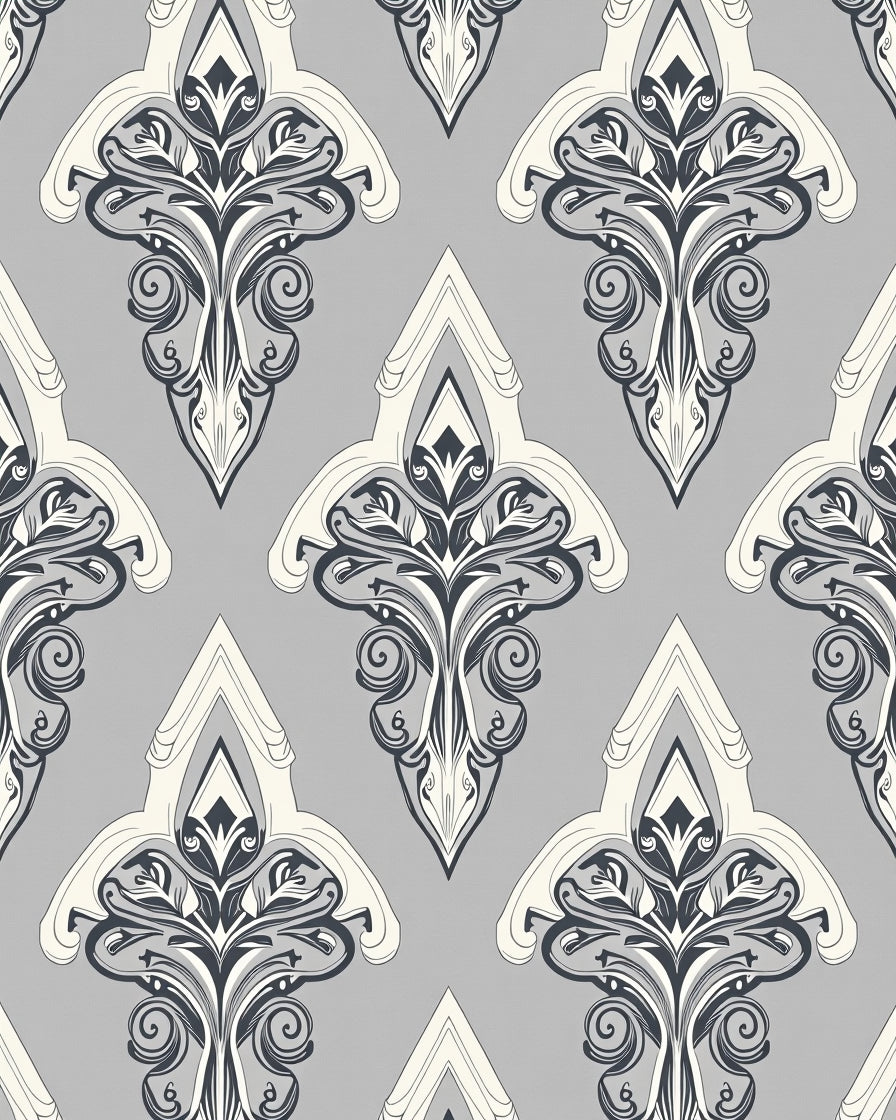 Elegant Grey White Damask Pattern Rug