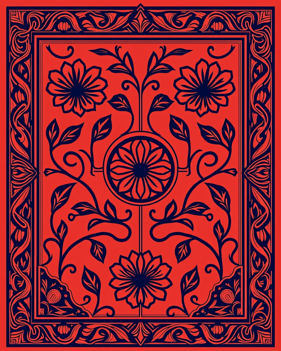 Vibrant Floral Scroll Border Design Rug