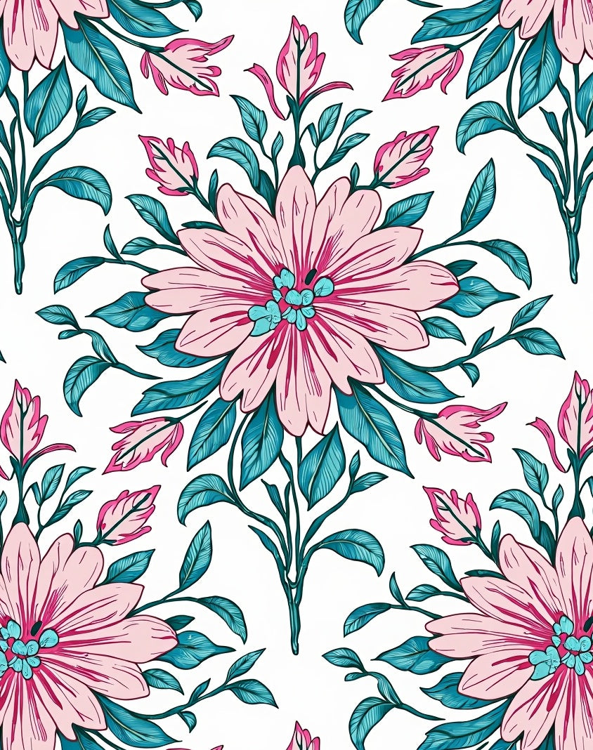 Pink Blue Floral Botanical Pattern Rug