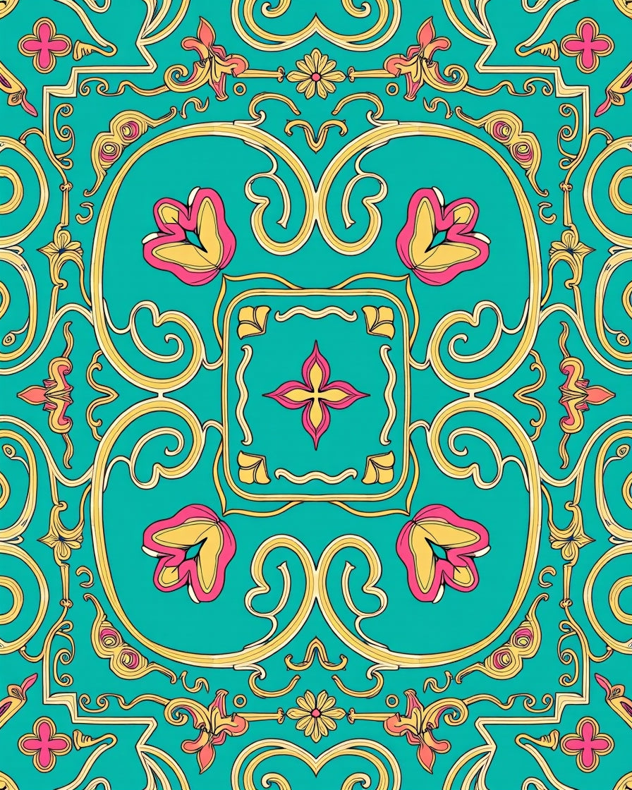 Ornate Teal Floral Scroll Pattern Rug