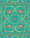 Ornate Teal Floral Scroll Pattern Rug