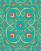 Ornate Teal Floral Scroll Pattern Rug