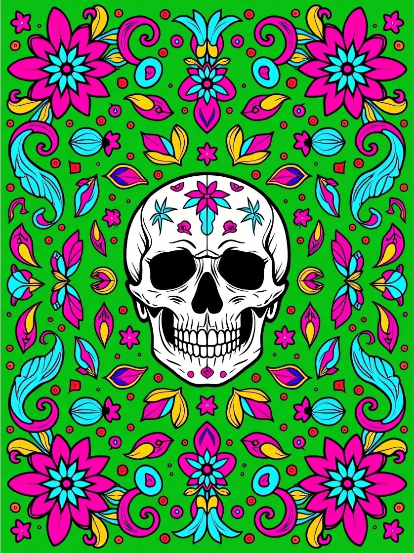 Vibrant Skull Floral Medallion Green Rug