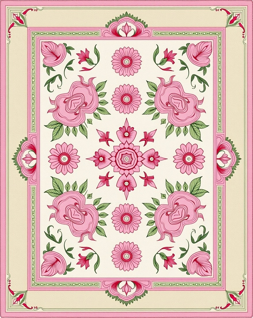 Pink Floral Garden Medallion Rug